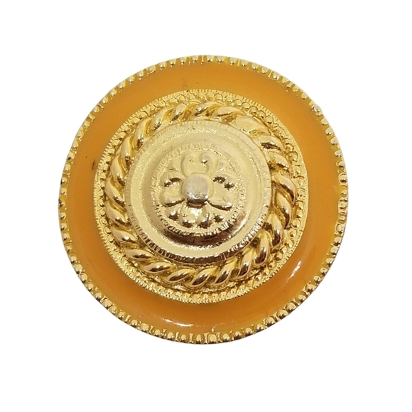 NAN LEWIS 1980s LARGE GOLDTONE & ORANGE ENAMELED  MEDALLION CLIP ON EARRINGS - Picture 4 of 7